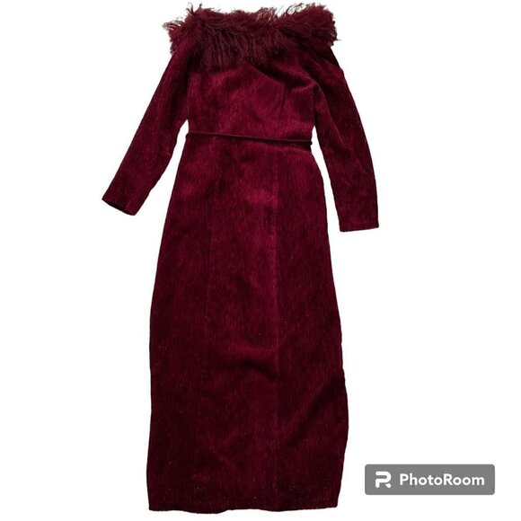 Vintage Red Sparkly Faux Fur Trimmed Evening Gown - Size Small - Picture 1 of 7